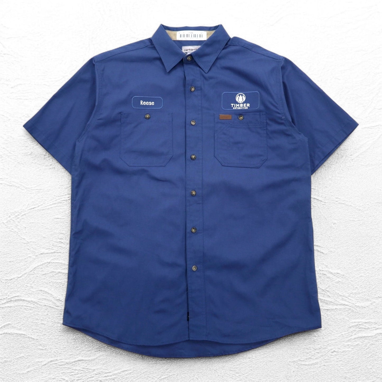 carhartt 半袖ワークシャツ L ネイビー 胸ポケット US企業刺繍 TIMBER AUTOMATION 384-19