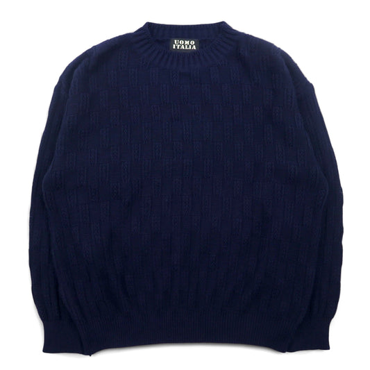 Vintage 90s Jacquard Knit UOMO ITALIA アクリル ニット ブロックチェック ジャガード セーター M ネイビー