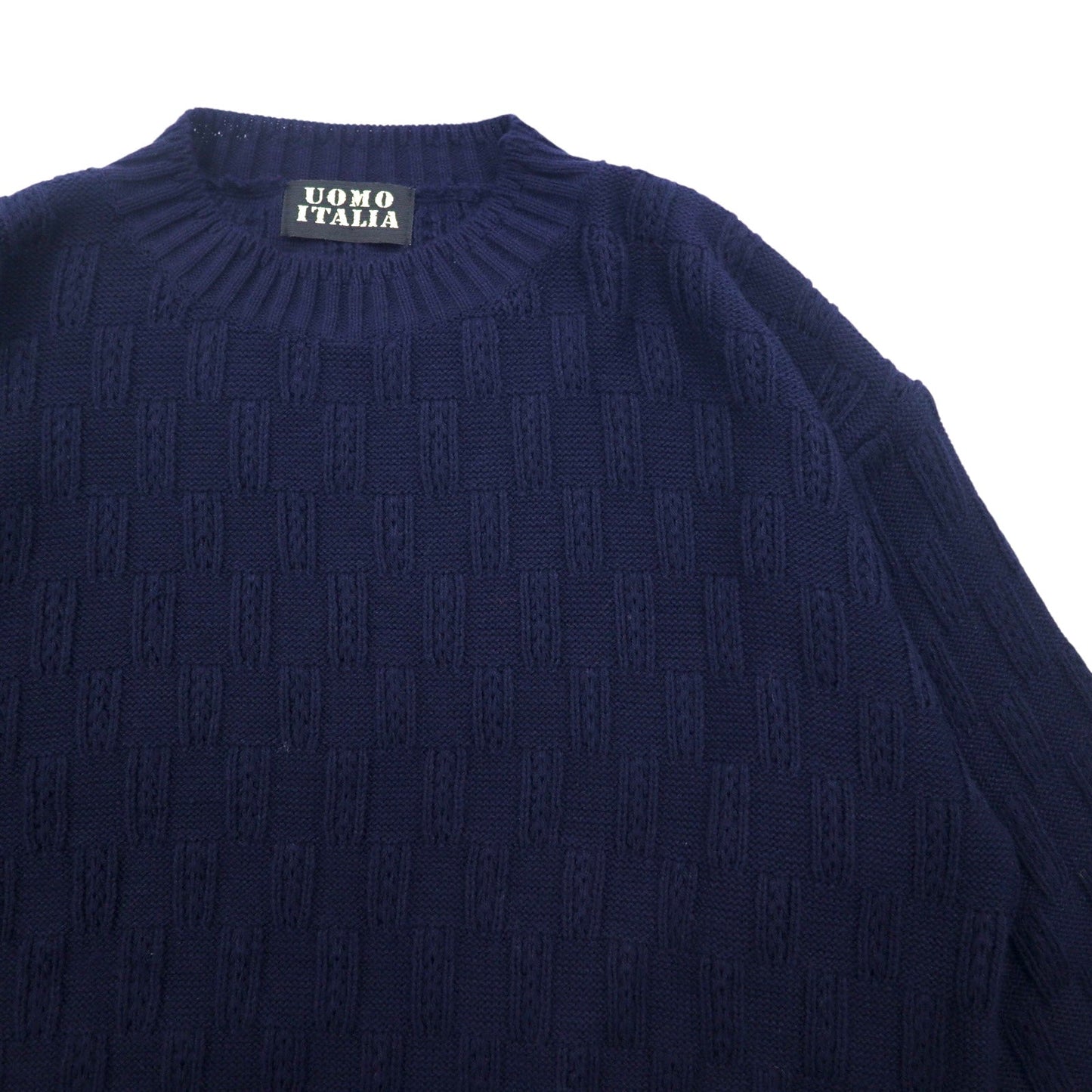 Vintage 90s Jacquard Knit UOMO ITALIA アクリル ニット ブロックチェック ジャガード セーター M ネイビー