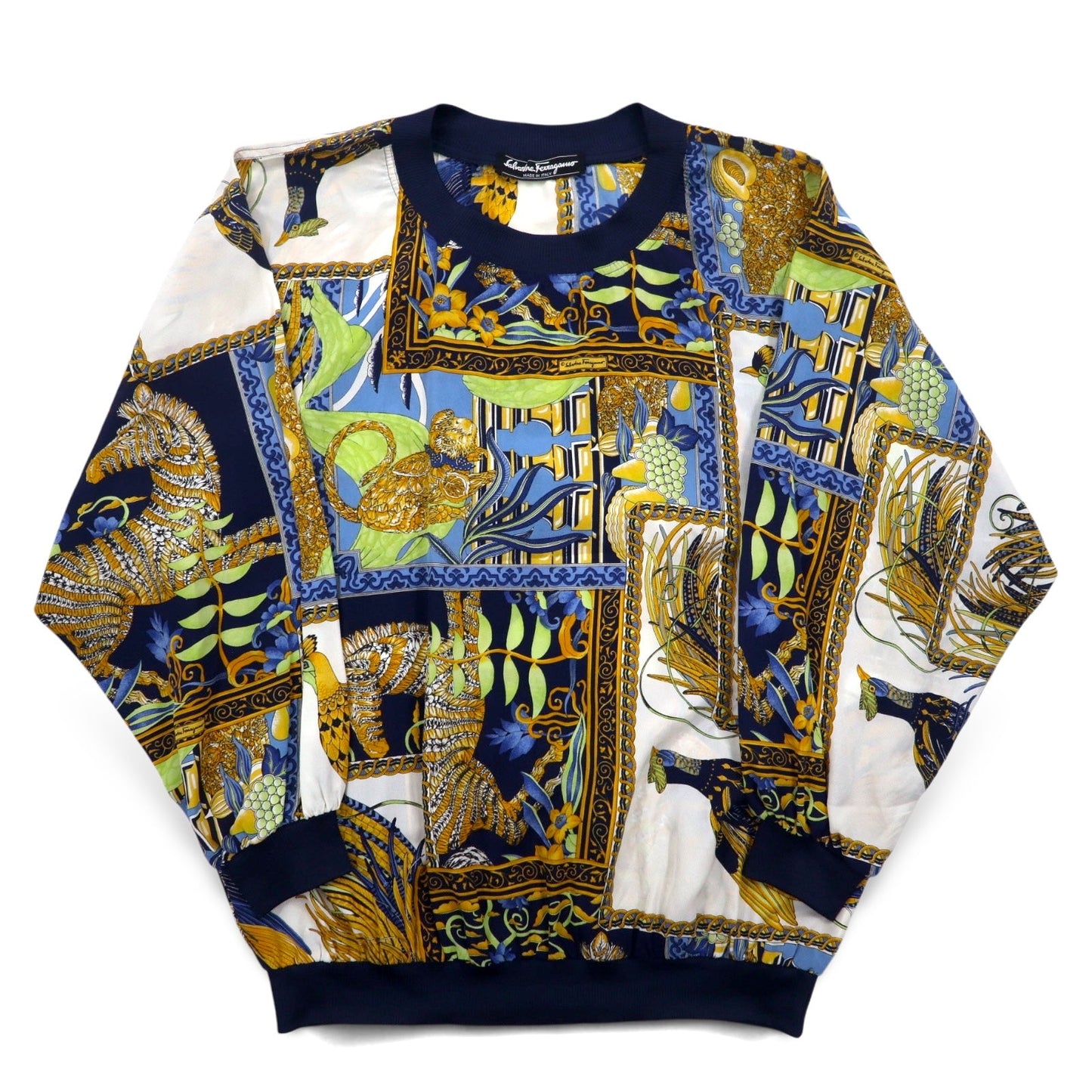 Salvatore Ferragamo イタリア製 オールド シルク トップス M ネイビー 総柄 スカーフ