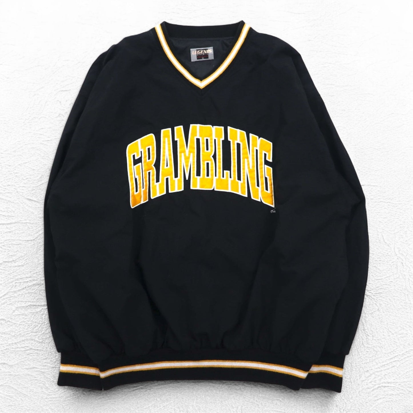 LEGENDS ATHLETIC USA製 90年代 リブライン ピステ プルオーバー ナイロンジャケット XL ブラック カレッジ GRAMBLING アーチロゴ