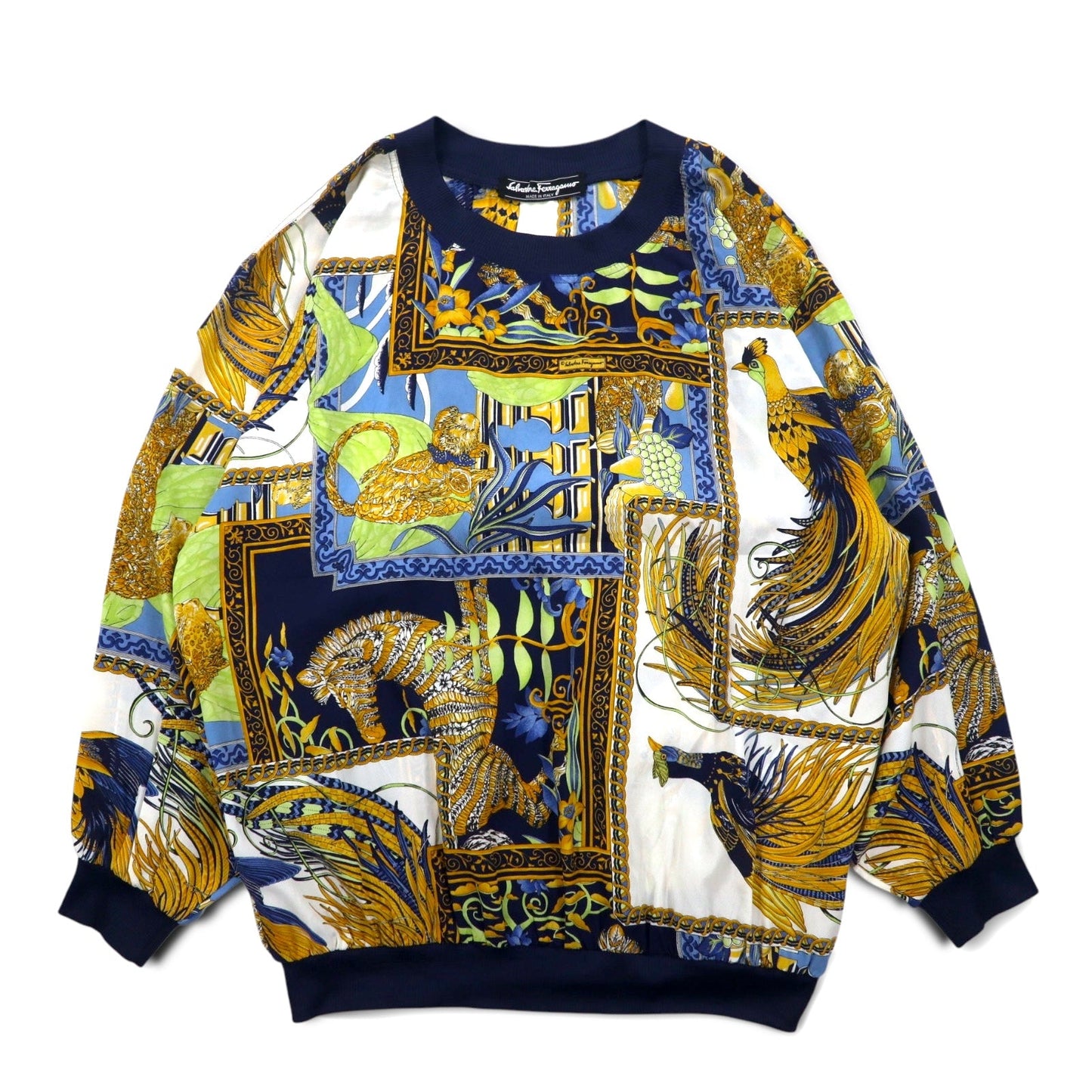 Salvatore Ferragamo イタリア製 オールド シルク トップス M ネイビー 総柄 スカーフ