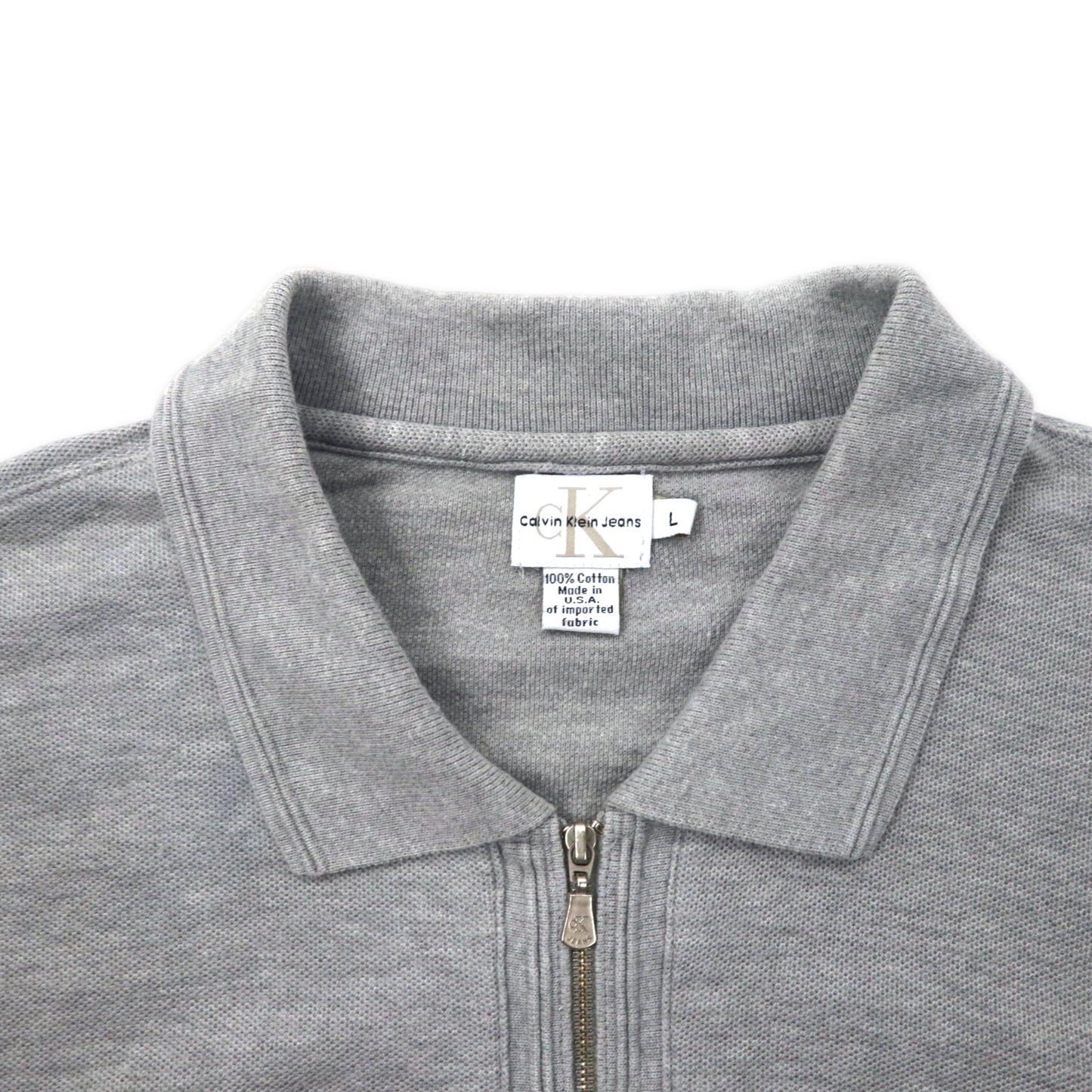Calvin Klein USA製 90年代 ハーフジップ ポロシャツ L グレー コットン ワンポイントロゴ刺繍 ビッグサイズ