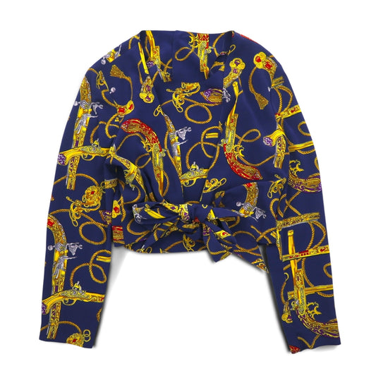 Vintage 90s Retro Blouse 前結び クロップド シャツ レトロ ブラウス M ネイビー バックボタン 金ボタン スカーフ 総柄 裾リボン結び