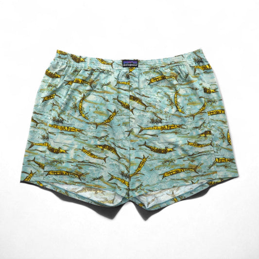 patagonia 00年代 USA製 キャプリーン Capilene トランクス ショートパンツ L ブルー 総柄 魚 45111