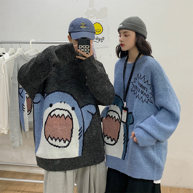 Autumn and winter shark cartoon round neck sweater men's casual loose Korean style trendy warm student thickened sweater