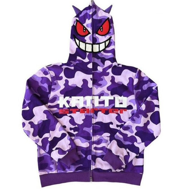 European and American cross-border trendy brand Gengar Gengar Harajuku 3D hooded casual youth sweater zipper patch embroidery