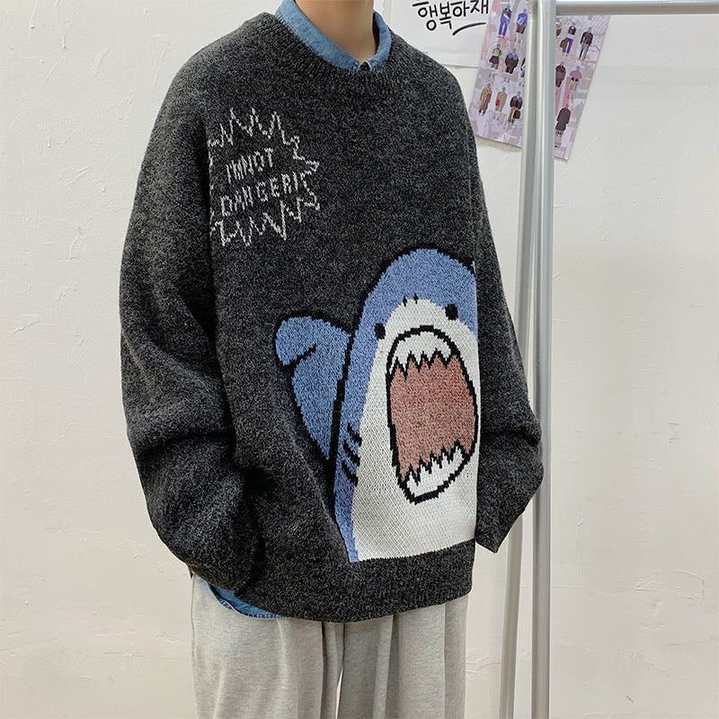 Autumn and winter shark cartoon round neck sweater men's casual loose Korean style trendy warm student thickened sweater