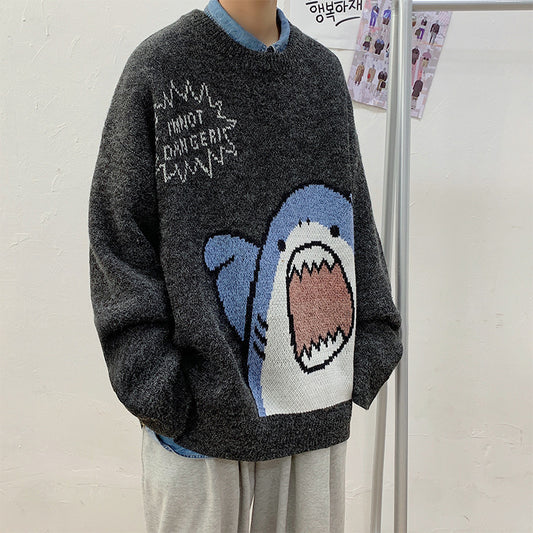 Autumn and winter shark cartoon round neck sweater men's casual loose Korean style trendy warm student thickened sweater