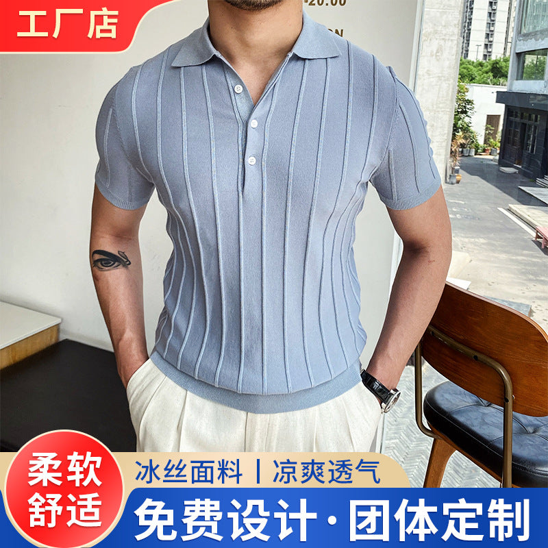 2022 spring and summer POLO shirt collar sweater men's short-sleeved slim-fit trendy stripe solid color lapel pullover sweater men