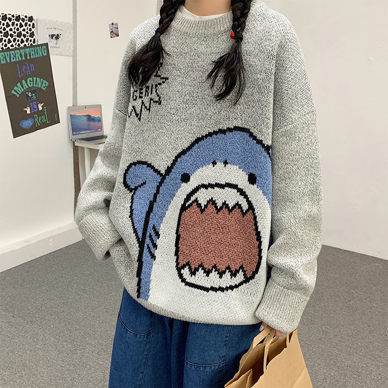 Autumn and winter shark cartoon round neck sweater men's casual loose Korean style trendy warm student thickened sweater