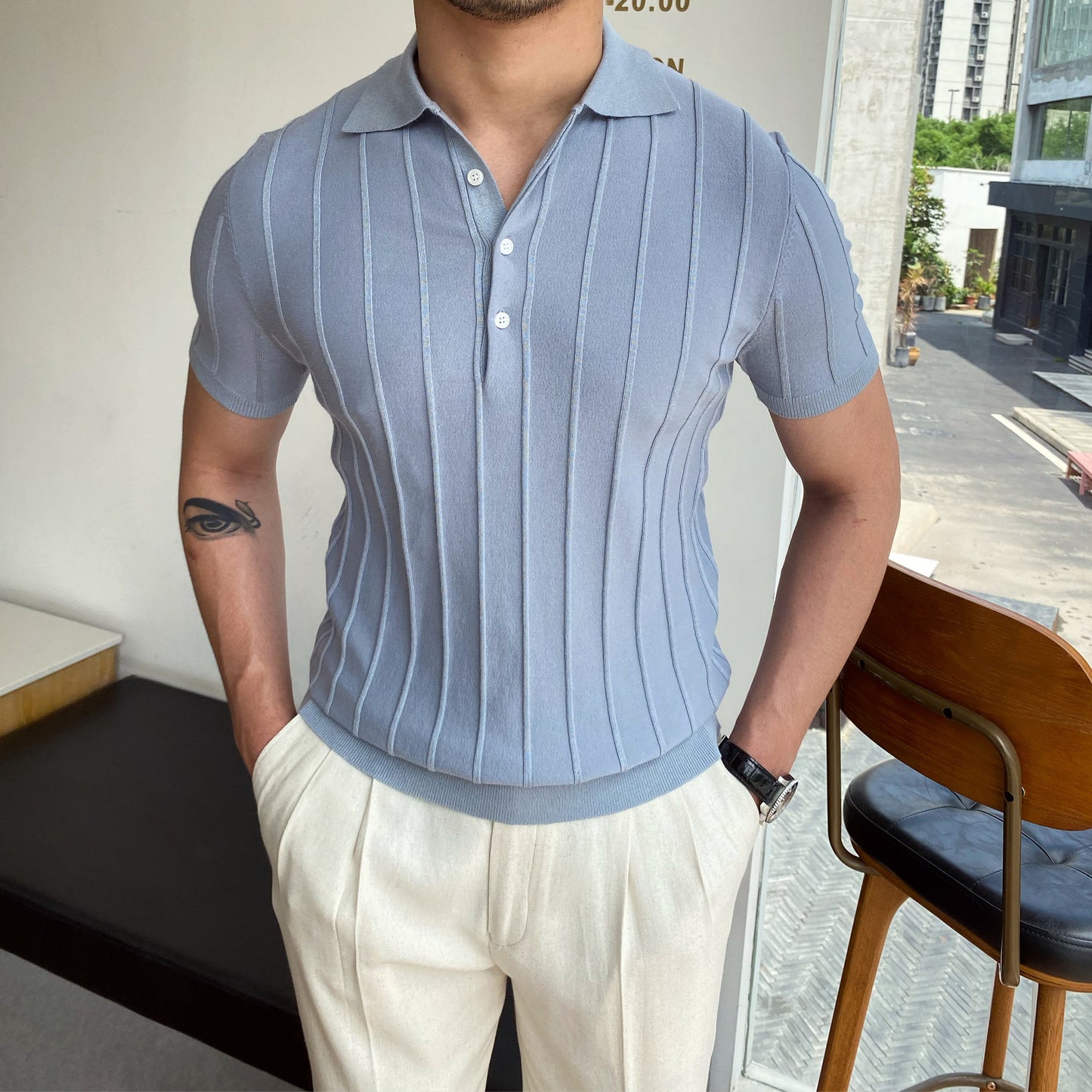 2022 spring and summer POLO shirt collar sweater men's short-sleeved slim-fit trendy stripe solid color lapel pullover sweater men