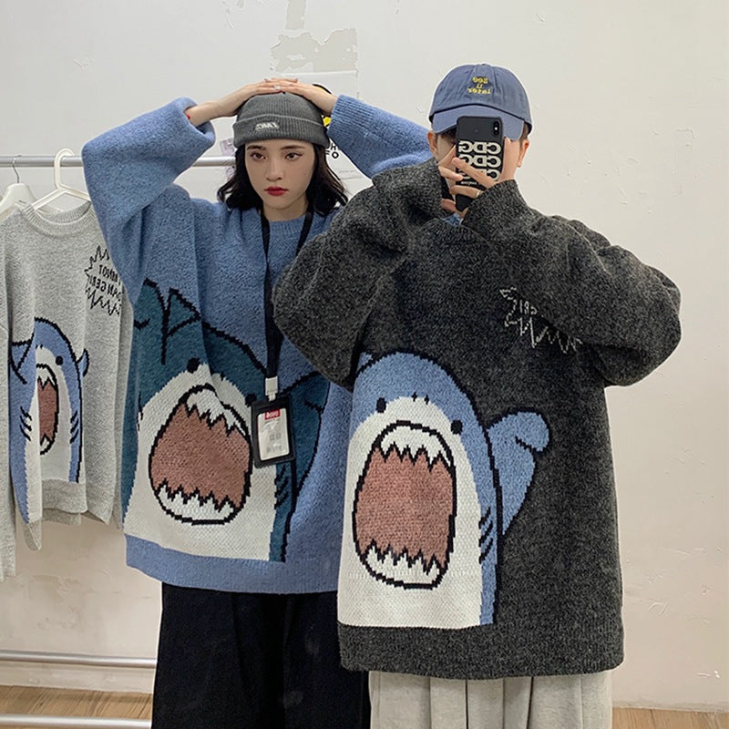 Autumn and winter shark cartoon round neck sweater men's casual loose Korean style trendy warm student thickened sweater