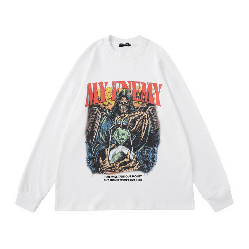 TKPA autumn new long-sleeved T-shirt American men's and women's retro print oversize hip-hop high street thin sweatshirt jacket