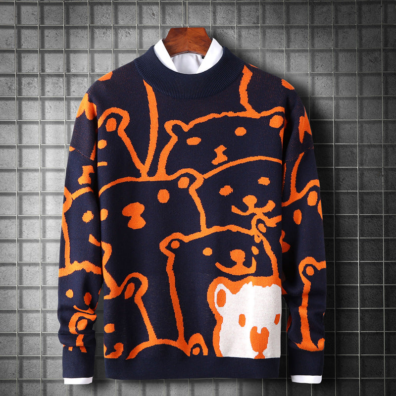 Winter new trendy brand warm sweater men's Japanese long-sleeved loose round neck men's sweater pullover knitted bottoming shirt