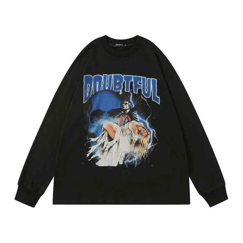 TKPA autumn new long-sleeved T-shirt American men's and women's retro print oversize hip-hop high street thin sweatshirt jacket