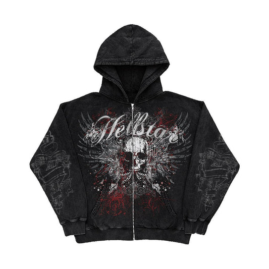 American Y2K motorcycle style 2022 winter letter skull print zipper hoodie long-sleeved sweater