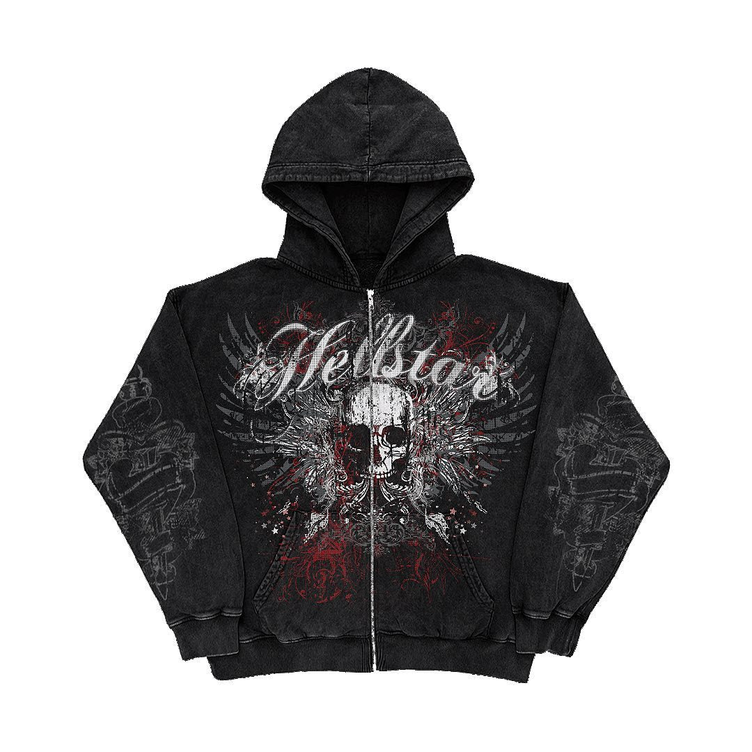 American Y2K motorcycle style 2022 winter letter skull print zipper hoodie long-sleeved sweater