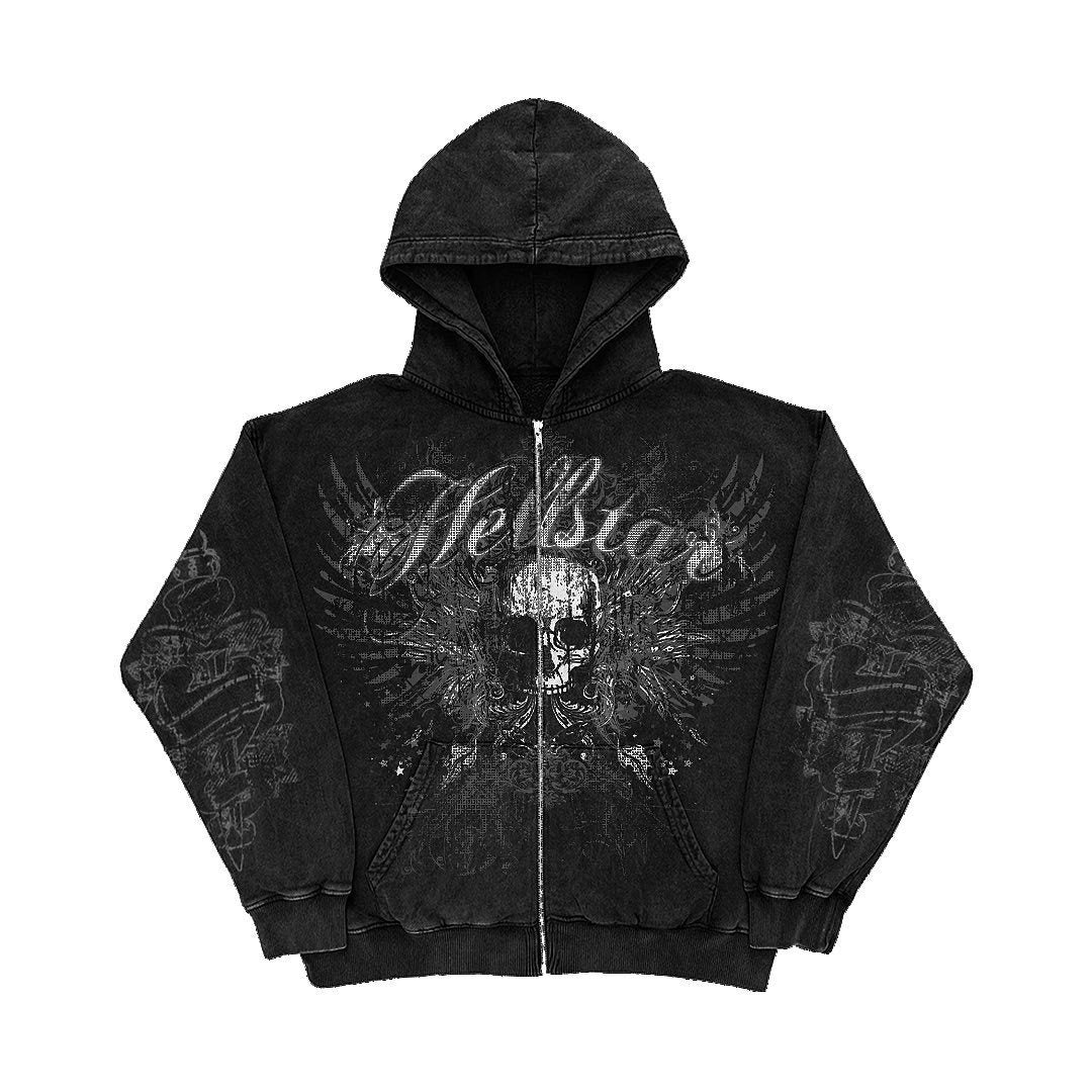 American Y2K motorcycle style 2022 winter letter skull print zipper hoodie long-sleeved sweater