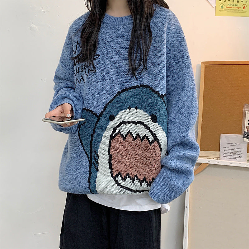 Autumn and winter shark cartoon round neck sweater men's casual loose Korean style trendy warm student thickened sweater
