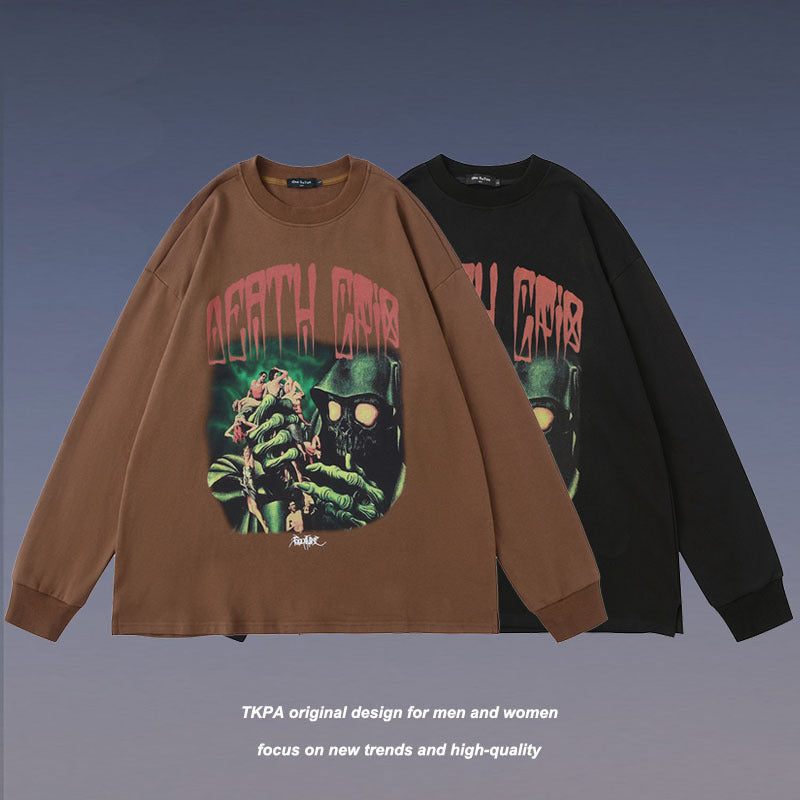 TKPA autumn new long-sleeved T-shirt American men's and women's retro print oversize hip-hop high street thin sweatshirt jacket