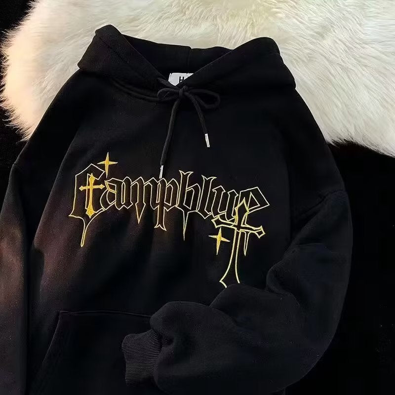 American-style European and American hooded sweater men's 2022 youth fashion men's casual plus velvet print winter pullover top