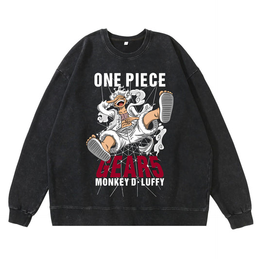 360g heavy washed retro sweatshirt street hip-hop anime American style pirate Luffy Zoro cotton autumn sweatshirt