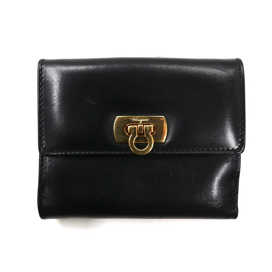 Salvatore Ferragamo 3つ折り財布 ブラック レザー ガンチーニ 金具 224059 イタリア製