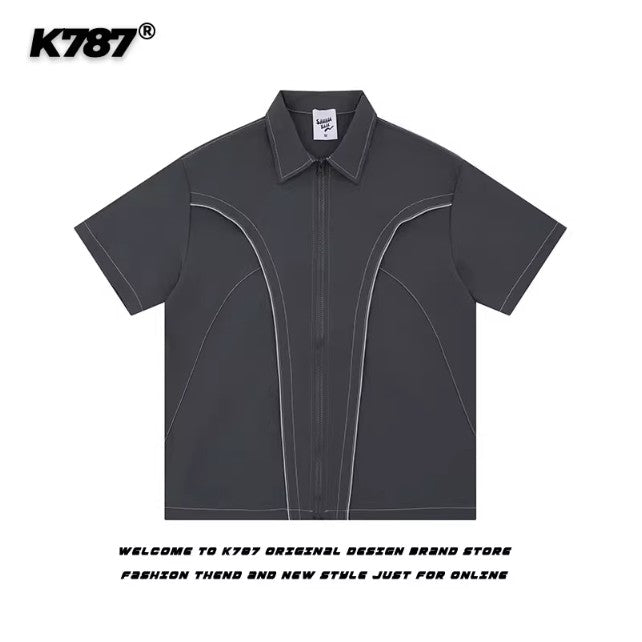 K787 American retro open line deconstruction splicing short-sleeved shirt men and women's national trend hip-hop street loose cardigan half-sleeve