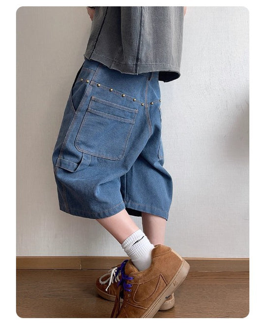 dannyandzee summer vintage 480 grams heavyweight beadsail denim blue rivets work shorts five pants man