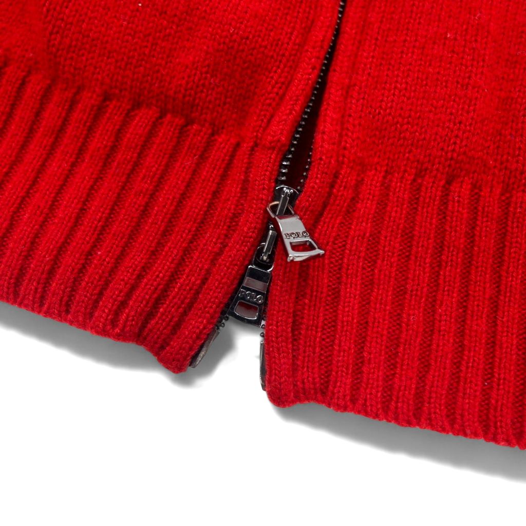 Polo by Ralph Lauren 90年代 ビッグポニー フルジップ セーター ニットジャージ ジャケット L レッド ラムウール サイドライン ダブルジップ SUISSE RL 1934 PC